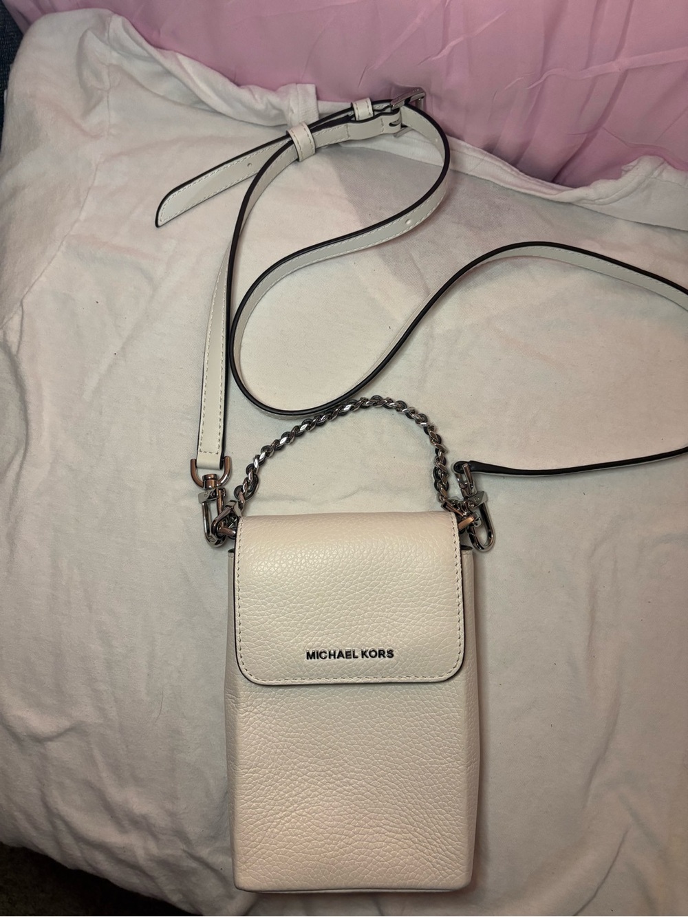 Michael Kors Cream Pebbled Leather Crossbody Phone Pouch with Chain